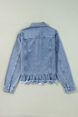 Beau Blue Ruffle Raw Hem Flap Pockets Denim Jacket