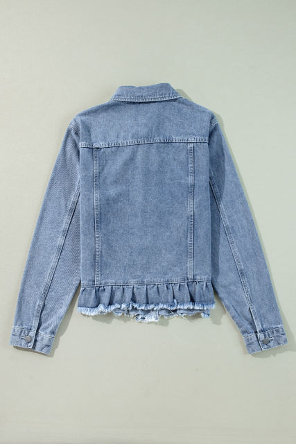 Beau Blue Ruffle Raw Hem Flap Pockets Denim Jacket