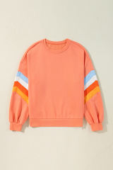 Flamingo Rainbow Striped Sleeve Crew Neck Loose Sweatshirt