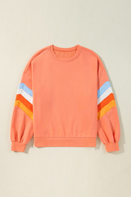 Flamingo Rainbow Striped Sleeve Crew Neck Loose Sweatshirt