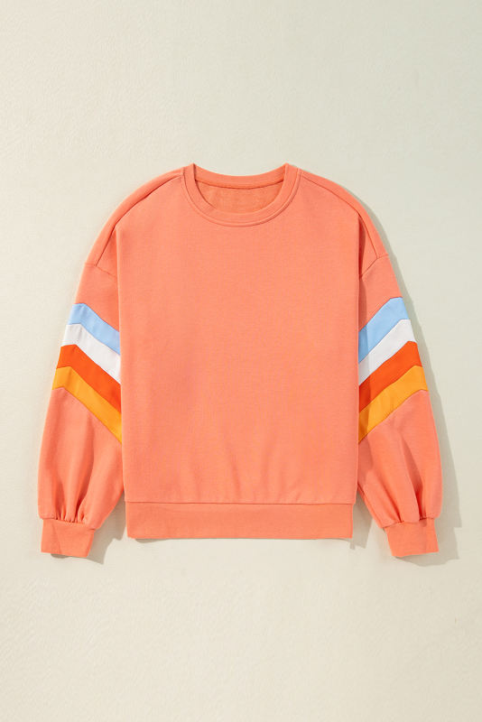 Flamingo Rainbow Striped Sleeve Crew Neck Loose Sweatshirt