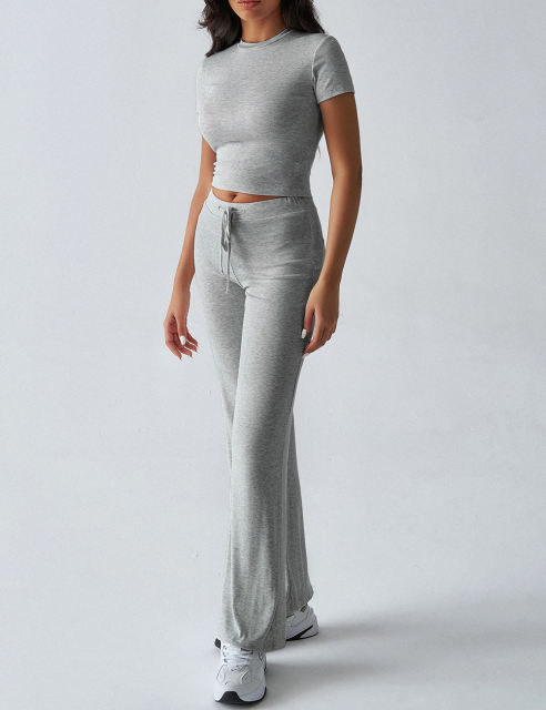 Gray Short Sleeve Top and Drawstring Pant Lounge Set