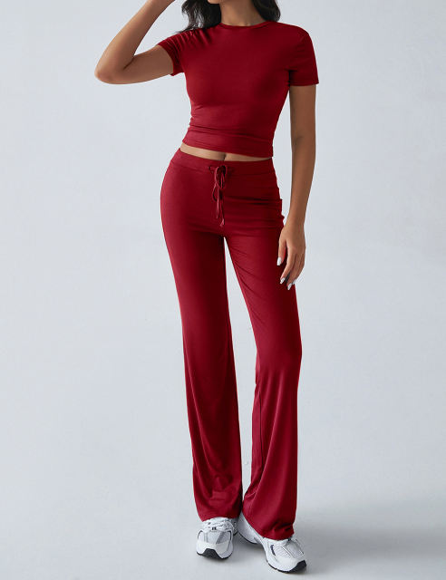 Wine Red Short Sleeve Top and Drawstring Pant Lounge Set