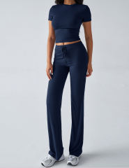 Navy Blue Short Sleeve Top and Drawstring Pant Lounge Set