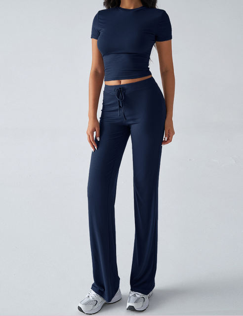 Navy Blue Short Sleeve Top and Drawstring Pant Lounge Set