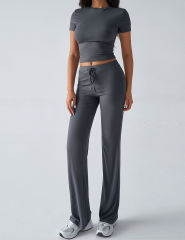 Dark Gray Short Sleeve Top and Drawstring Pant Lounge Set
