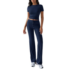 Navy Blue Short Sleeve Top and Drawstring Pant Lounge Set