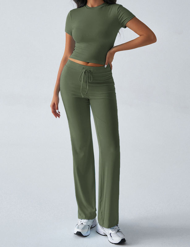 Army Green Short Sleeve Top and Drawstring Pant Lounge Set