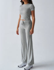 Gray Short Sleeve Top and Drawstring Pant Lounge Set