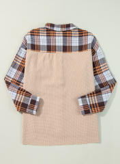 Khaki Thermal Knit Plaid Patchwork Shacket