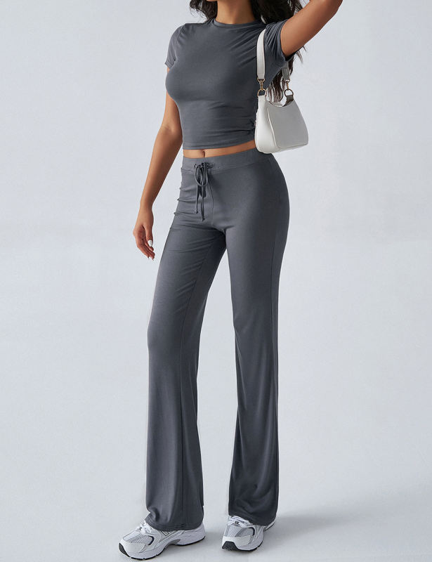 Dark Gray Short Sleeve Top and Drawstring Pant Lounge Set