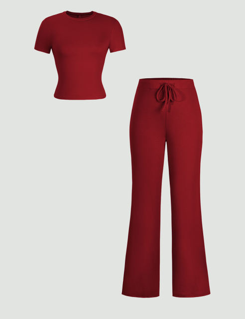 Wine Red Short Sleeve Top and Drawstring Pant Lounge Set