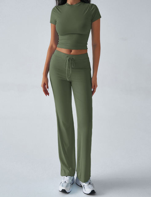 Army Green Short Sleeve Top and Drawstring Pant Lounge Set