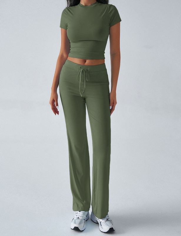 Army Green Short Sleeve Top and Drawstring Pant Lounge Set