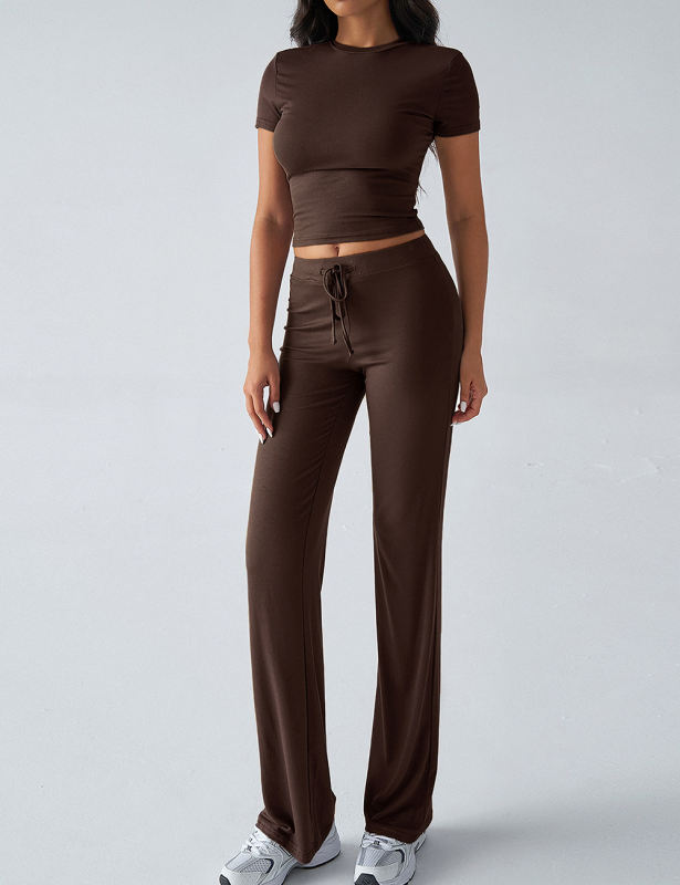Brown Short Sleeve Top and Drawstring Pant Lounge Set