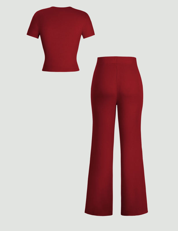 Wine Red Short Sleeve Top and Drawstring Pant Lounge Set