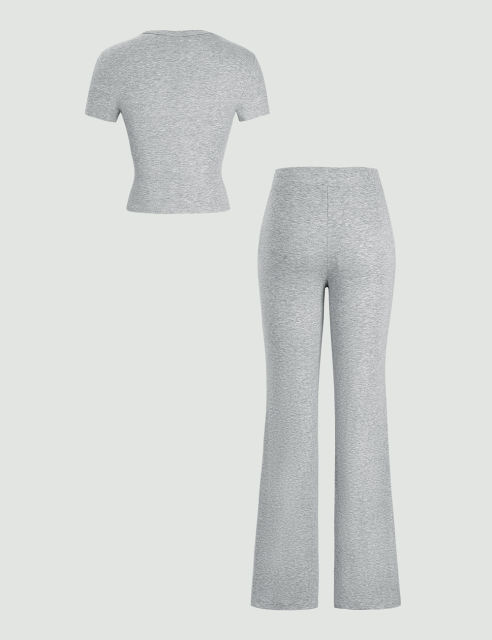 Gray Short Sleeve Top and Drawstring Pant Lounge Set