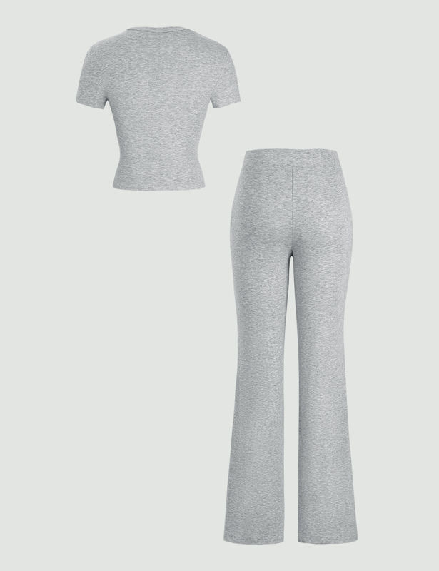 Gray Short Sleeve Top and Drawstring Pant Lounge Set