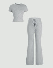 Gray Short Sleeve Top and Drawstring Pant Lounge Set