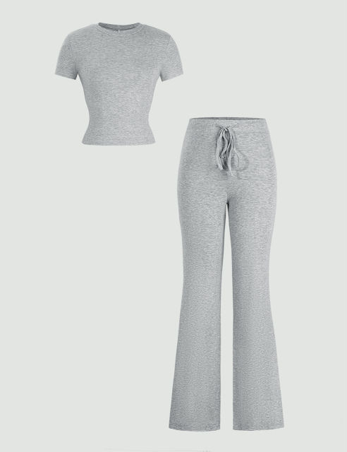 Gray Short Sleeve Top and Drawstring Pant Lounge Set
