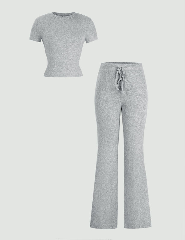 Gray Short Sleeve Top and Drawstring Pant Lounge Set