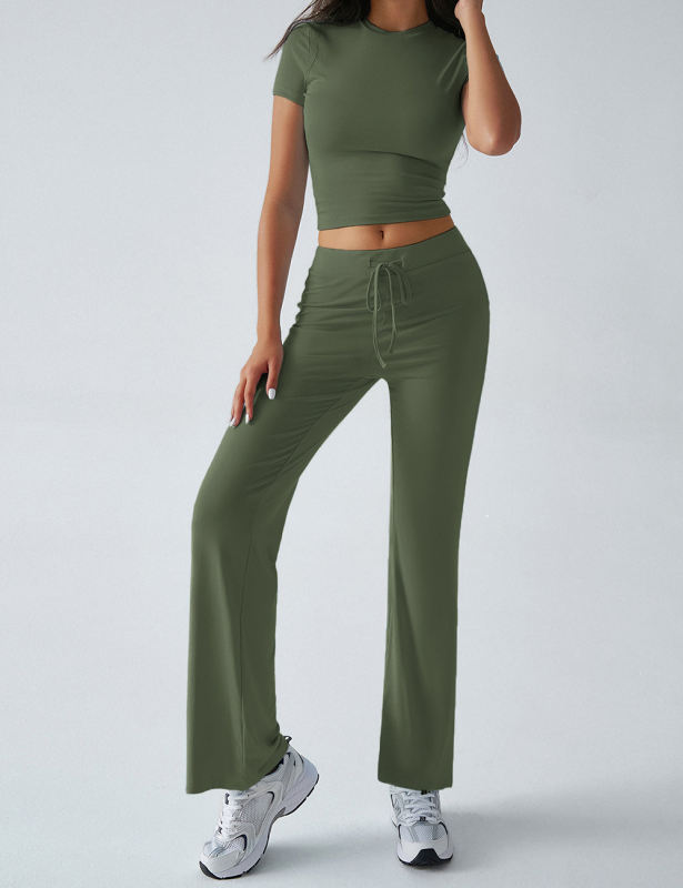 Army Green Short Sleeve Top and Drawstring Pant Lounge Set