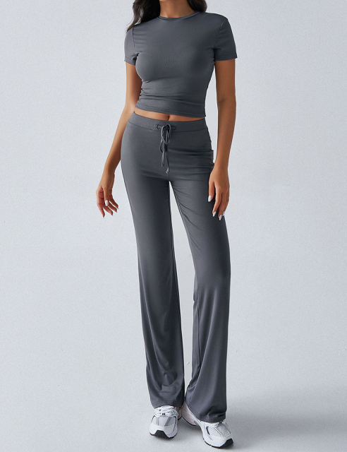 Dark Gray Short Sleeve Top and Drawstring Pant Lounge Set