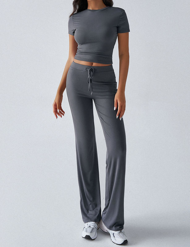 Dark Gray Short Sleeve Top and Drawstring Pant Lounge Set