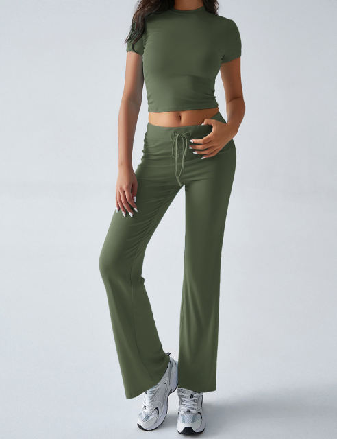 Army Green Short Sleeve Top and Drawstring Pant Lounge Set