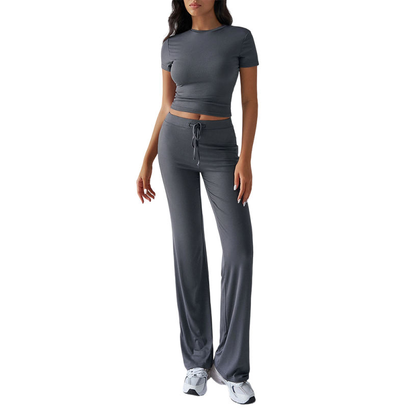 Dark Gray Short Sleeve Top and Drawstring Pant Lounge Set