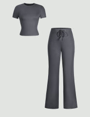 Dark Gray Short Sleeve Top and Drawstring Pant Lounge Set