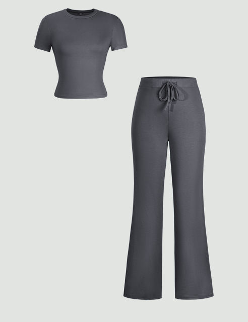 Dark Gray Short Sleeve Top and Drawstring Pant Lounge Set