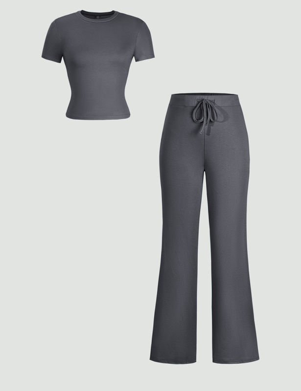 Dark Gray Short Sleeve Top and Drawstring Pant Lounge Set