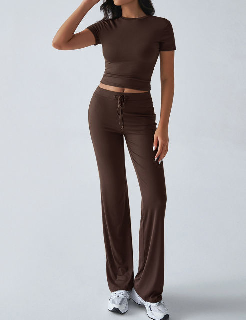Brown Short Sleeve Top and Drawstring Pant Lounge Set