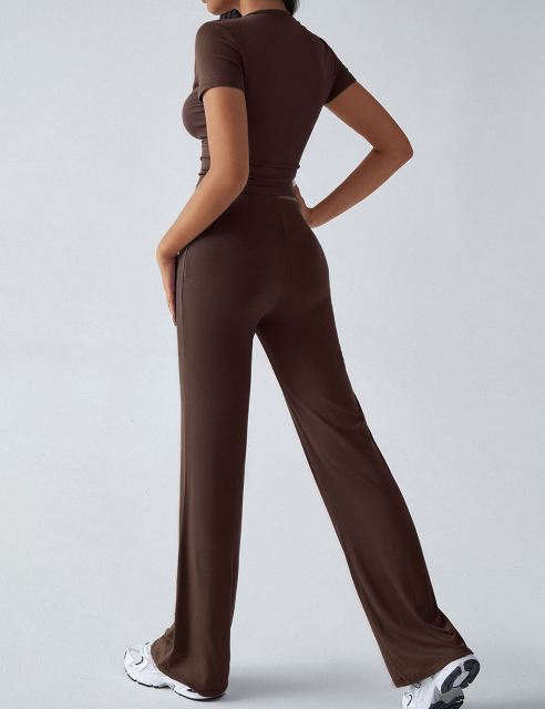 Brown Short Sleeve Top and Drawstring Pant Lounge Set