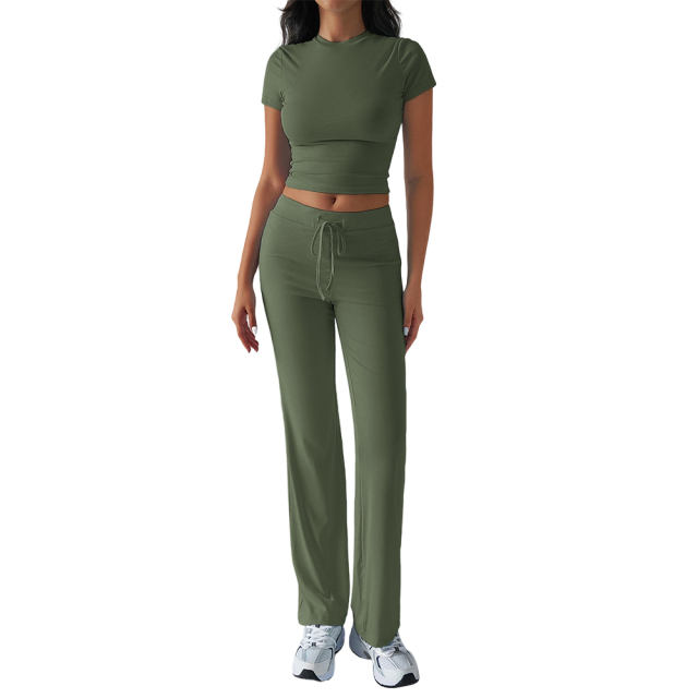 Army Green Short Sleeve Top and Drawstring Pant Lounge Set