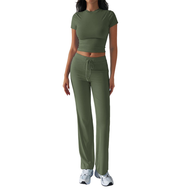 Army Green Short Sleeve Top and Drawstring Pant Lounge Set
