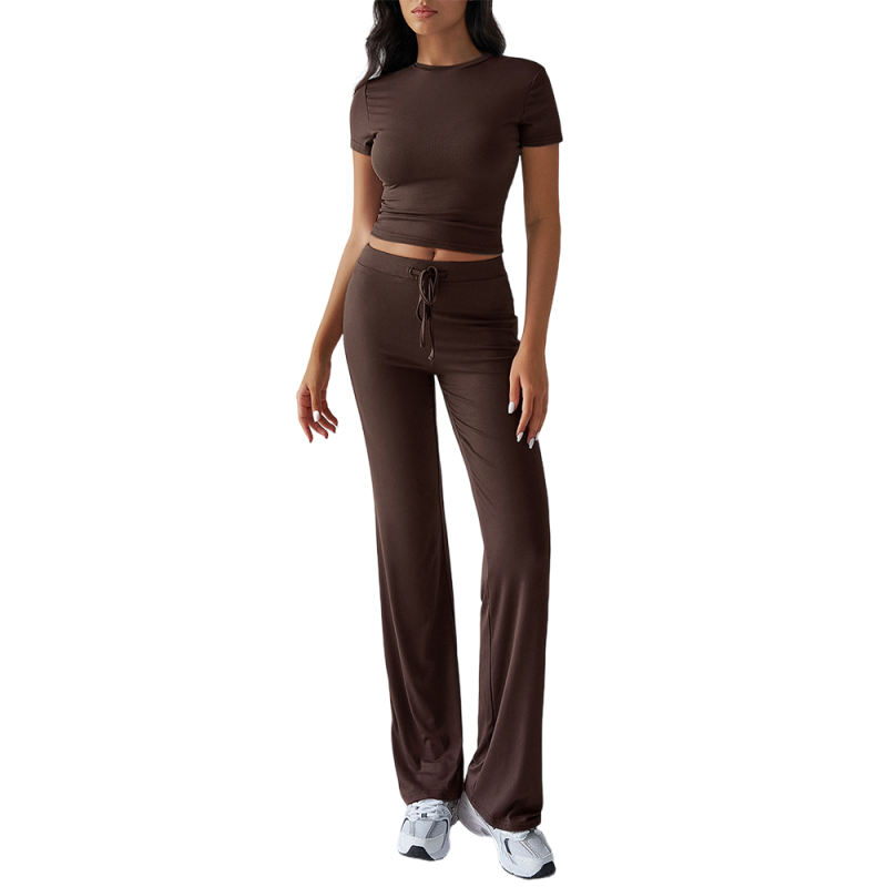 Brown Short Sleeve Top and Drawstring Pant Lounge Set