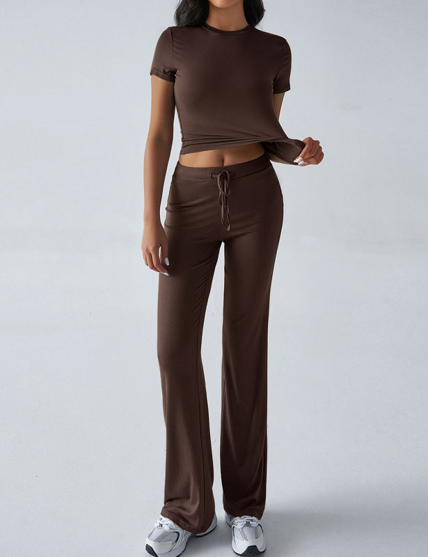 Brown Short Sleeve Top and Drawstring Pant Lounge Set