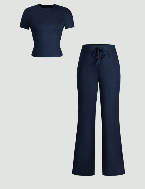 Navy Blue Short Sleeve Top and Drawstring Pant Lounge Set