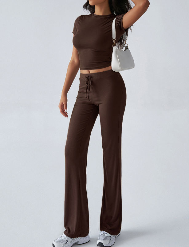 Brown Short Sleeve Top and Drawstring Pant Lounge Set