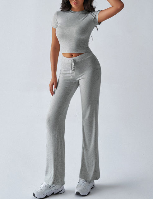 Gray Short Sleeve Top and Drawstring Pant Lounge Set