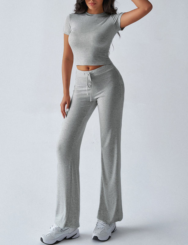 Gray Short Sleeve Top and Drawstring Pant Lounge Set