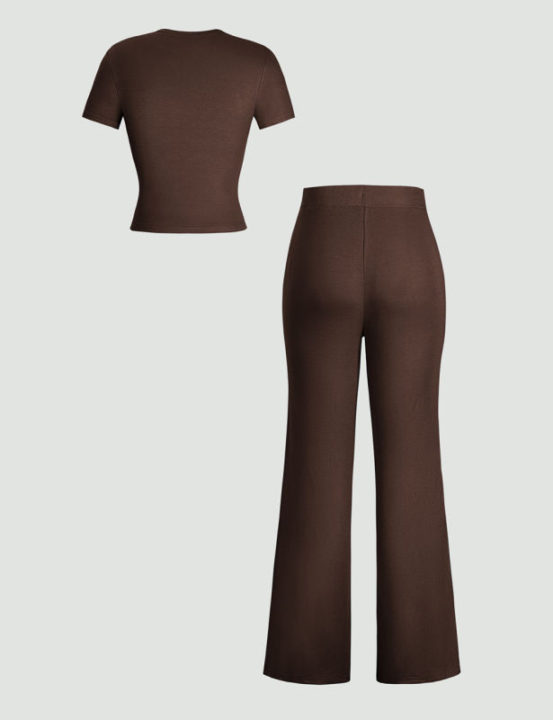 Brown Short Sleeve Top and Drawstring Pant Lounge Set