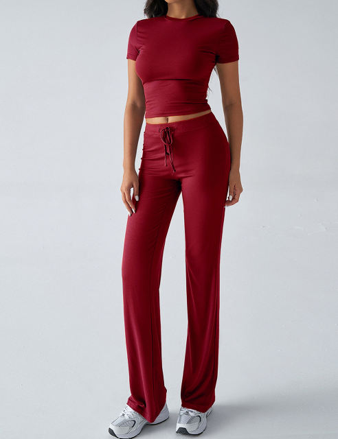 Wine Red Short Sleeve Top and Drawstring Pant Lounge Set