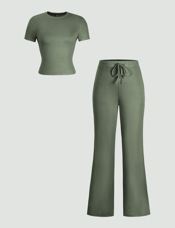 Army Green Short Sleeve Top and Drawstring Pant Lounge Set