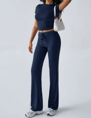 Navy Blue Short Sleeve Top and Drawstring Pant Lounge Set