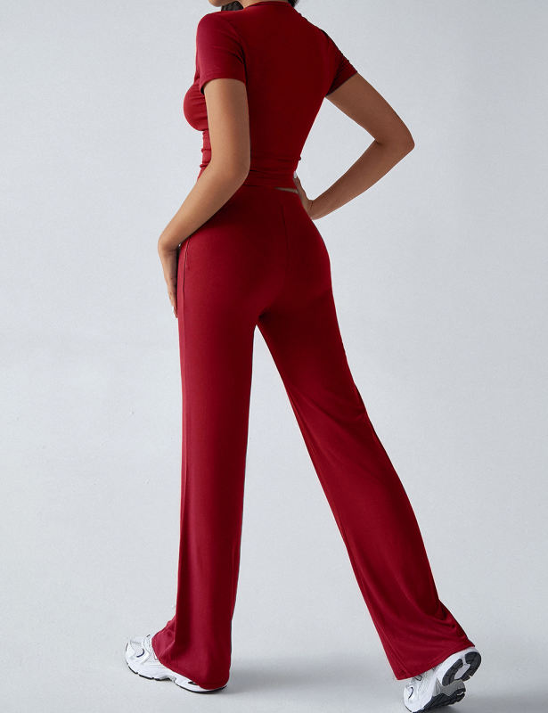 Wine Red Short Sleeve Top and Drawstring Pant Lounge Set