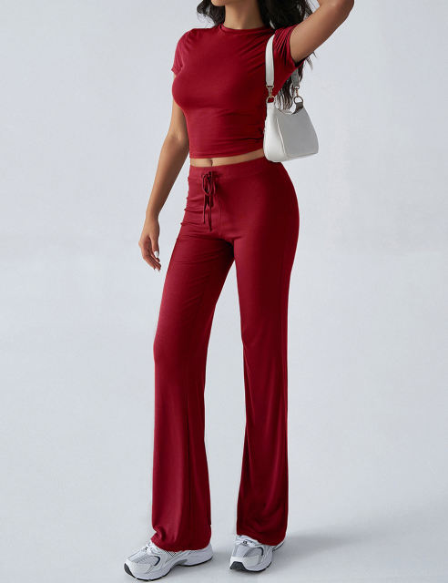 Wine Red Short Sleeve Top and Drawstring Pant Lounge Set