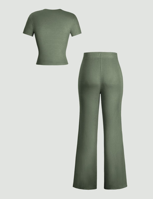 Army Green Short Sleeve Top and Drawstring Pant Lounge Set